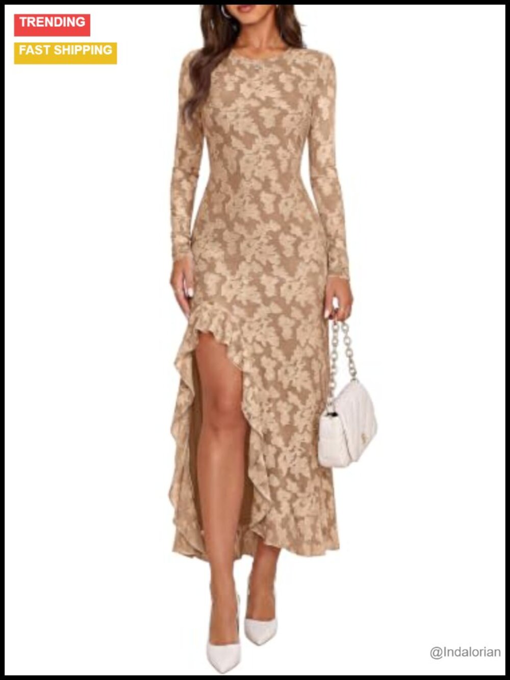 PRETTYGARDEN Women's Formal Maxi Floral Dress with Slit Long Sleeve Bodycon